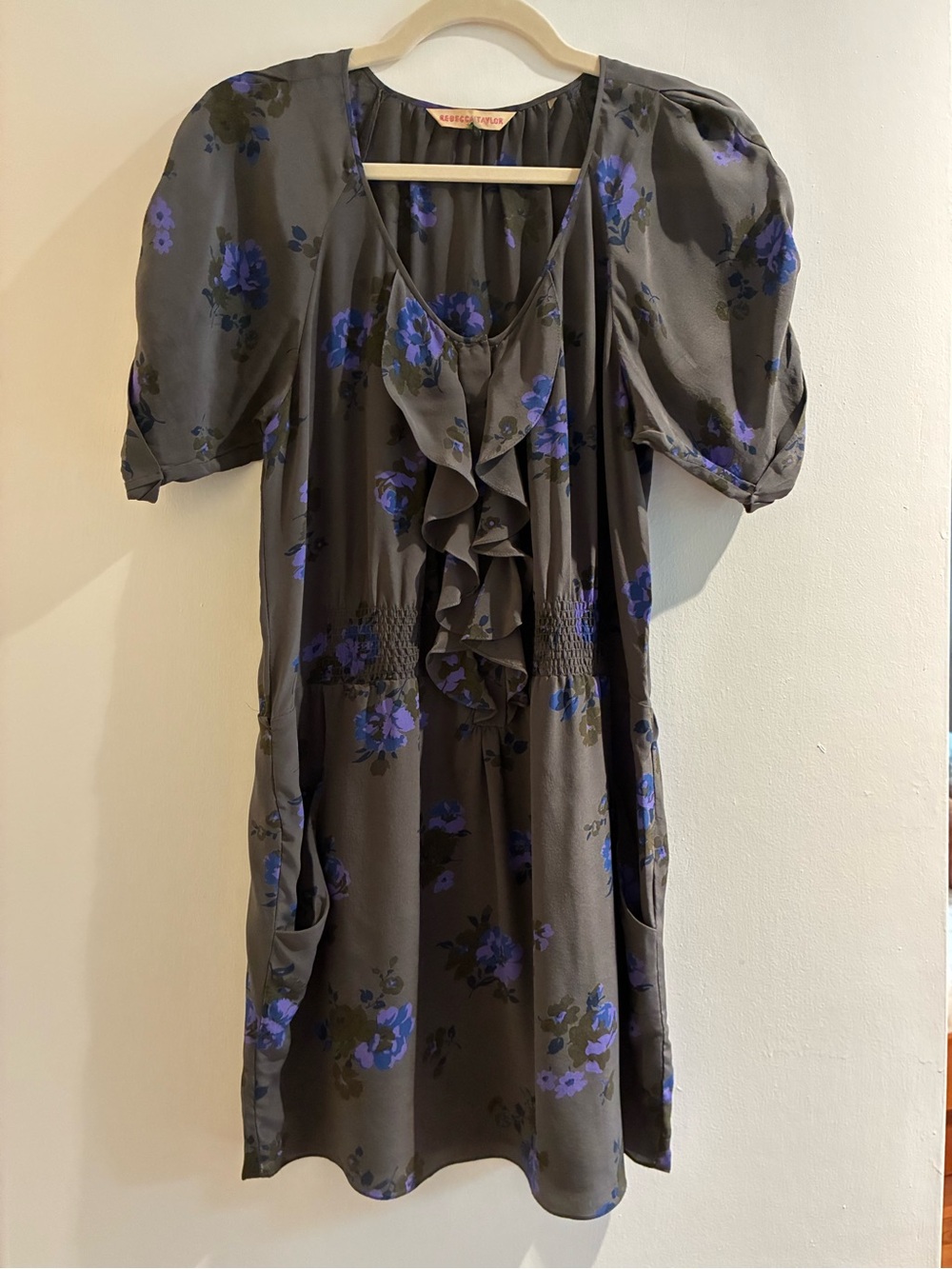 Rebecca Taylor Gray with Blue Floral Ruffle Front Dress *MOVING SALE* - Picture 1 of 4